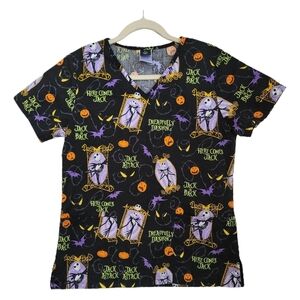 Disney Nightmare Before Christmas Scrub Top Womens XS Black Short Sleeve Jack